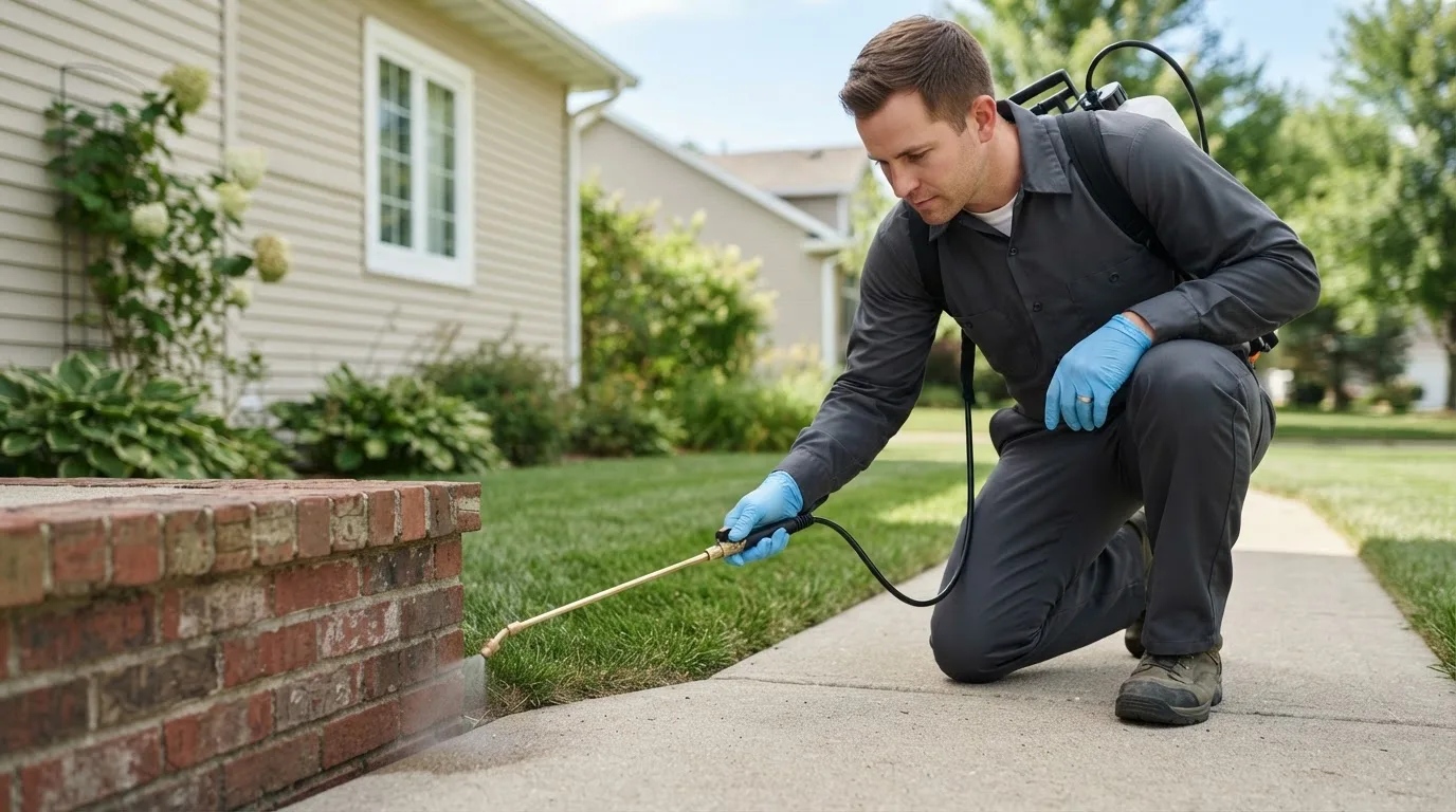 Pest control technician treating a home near Chautauqua, NY